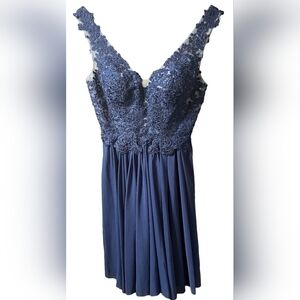 Nwt Prom Sherri Hill Lace Plunging bodice low back Blue Cocktail Dress Gown 2